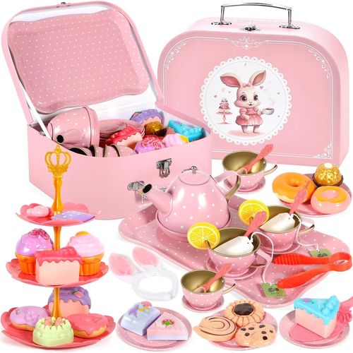 50PCS Service à Thé pour Enfants,Jouets étui de Transport,Enfant Tea Party Jeu de rôle,Vaisselle Enfant Jouet,Jouet de Cuisine Faisant Semblant pour Enfants Filles 3 4 5 6 7 Ans