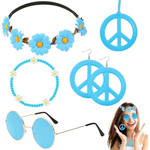 5 Pièces Accessoires Hippie Pour Femmes,Ensemble De Costume Hippie Avce Fleurie Bandeau Lunettes Hippie Boucles D'oreilles Collier Signe De Paix Bracelet Pour Musique Fête Des Années 60 70