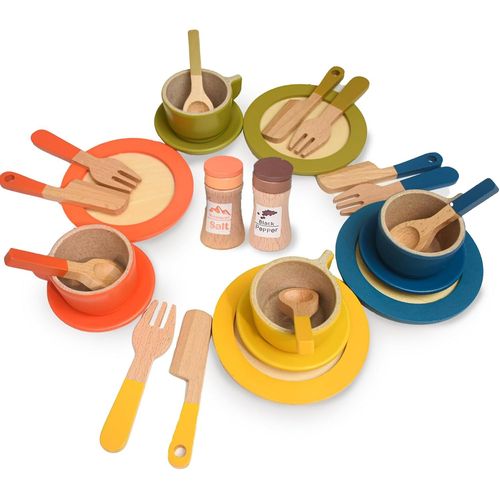 Ustensile Cuisine Enfant,Vaisselle Enfant Jouet, Accessoire Cuisine Enfant Bois,Dinette Enfant,Lot de 26 Plats de Cuisine en Bois pour Enfants à partir de 3 Ans