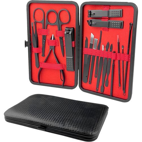Kit Manucure Inoxydable Noir,18 Pcs Coupe Ongle Kit Manucure Professionnel Hommes Trousse Manucure Femmes,Kit Pedicure Avec Étui Cuir Portable Noir Maison Ou Voyage Peut Être Transporté.[Y351] 
