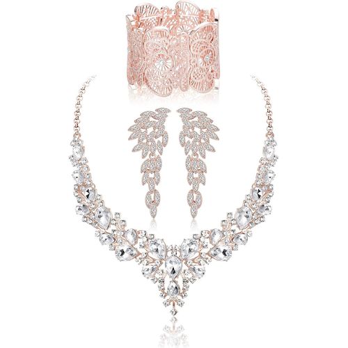 Parure De Bijoux De Mariage En Cristal Pour Femme Avec Strass,Collier,Boucles D'oreilles,Bracelet,Ton Argenté,Ton Or Rose,Noir,Demoiselle D'honneur,Accessoires De Mariée.[Y306]