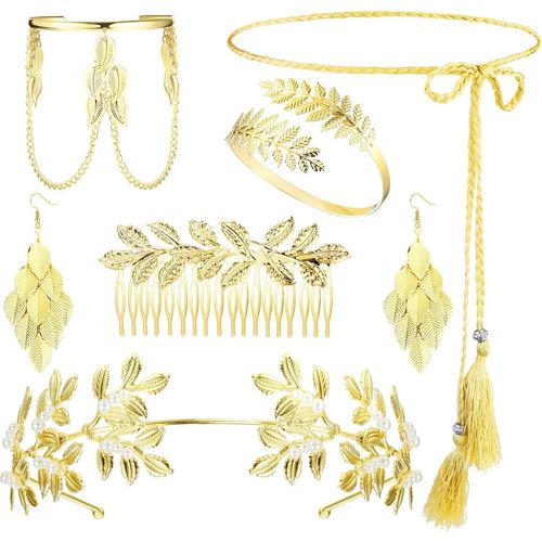 Déesse Grecque Costume Accessoires Feuille Laurier Doré Couronne Bras Manchette Bobine Bracelet Feuille Boucle D'oreille Mariée Mariage Casque Deguisement Romaine Bijoux Fantaisie Parure Femm.[Y296]