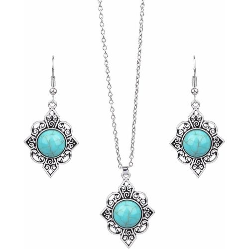 Ensemble De 3 Colliers Et Boucles D'oreilles En Turquoise-Style Bohème-Pendentif En Forme De Fleur-Vintage Géométrique-Costume Occidental-Bijoux Pour Femmes Et Filles.[Y318]