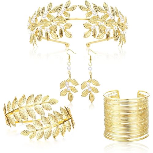Déesse Grecque Costume Accessoires Feuille Laurier Doré Couronne Bras Manchette Bobine Bracelet Feuille Perle Boucle D'oreille Mariée Mariage Casque Bijoux Fantaisie Parure Femme.[Y322]