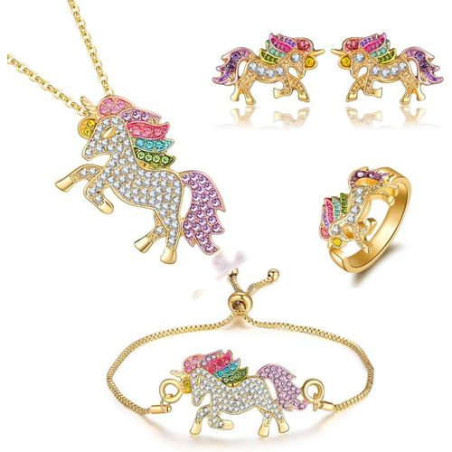 Licorne Ensemble De Bijoux Pour Filles Cristal Scintillant Parure Bijoux Charme Licorne Pendentif Collier Bracelet Anneau Boucles D'oreilles Cadeaux Pour Enfant Fille Femme.[Y1049]