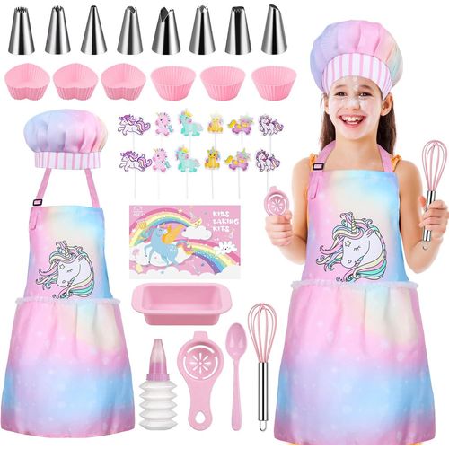 34PCS Enfants Cuisine et pâtisserie Set-Tablier Cuisine Enfant,Toque Cuisinier Enfant,Gant Cuisine Enfant,Cuisine Costume Kits de Jeu de rôle pour Fille de 3 à 7 Ans(Rose)