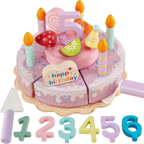 Jouet Gâteaux Anniversaire Pâtisserie Jouet en Bois,Jouet Enfant Aliment à Couper Jeux de Nourriture Cuisine Enfant Jouet Boulangerie pour Filles Garçons 3 4 5 Ans