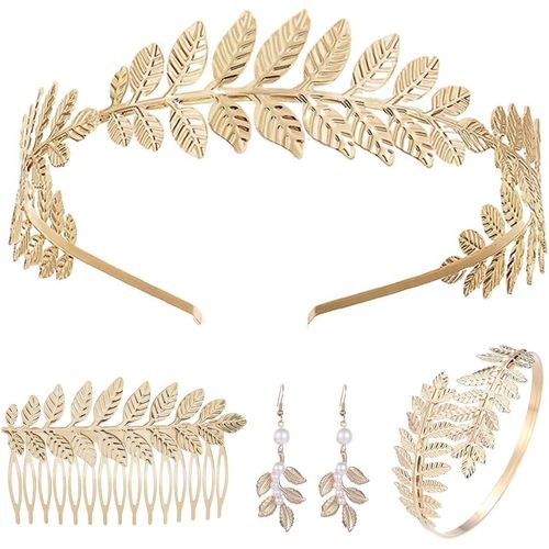 4 Pièces Déesse Grecque Costume,Couronne Laurier Doré,Bracelet Manchette,Boucles D'oreilles Perle,Pince À Cheveux,Parure De Bijoux Pour Femme En Costume De Déesse Grecque.[Y1104]