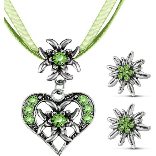 3 Pcs Set De Bijoux D'edelweiss Fantaisie Bijoux De Dirndl Bavarois Collier D'edelweiss Strass Avec Pendentif C?ur Boucles D'oreilles D'edelweiß Pour Fête De Bière Traditionnelle (Vert).[Y1114]