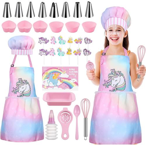 34PCS Enfants Cuisine et pâtisserie Set-Tablier Cuisine Enfant,Toque Cuisinier Enfant,Gant Cuisine Enfant,Cuisine Costume Kits de Jeu de rôle pour Fille de 8 à 12 Ans(Rose)