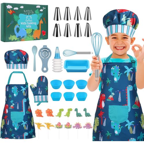 34PCS Kit Patisserie Enfant-Kit Cuisine Enfant Y Compris Toque Cuisinier Enfant,Gant Cuisine Enfant,Cuisine Costume Kits de Jeu de rôle pour Garçon de 3 à 7 Ans(Bleu)