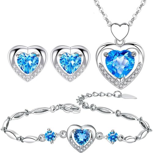 Coeur Parure Ensemble De Bijoux Femme Cristal Plaqué Argent 925 Boucles D'oreilles Collier Bracelet Zircon Cubique Mariage Soirée Cadeau.[Y424]