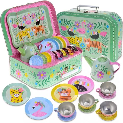 Service à Thé pour Enfants,Dînette et Son Coffret Jouet,15 Pièces-Modèle Safari