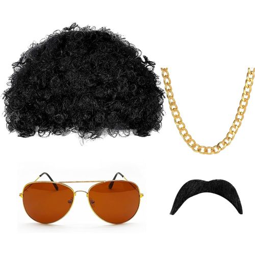 4 Pièces Hippie Perruque Set,Ensemble De Costume Hippie,Perruque Afro Funky,Accessoires Hippie,Deguisement Annee 80/90 Homme,Deguisement Hip Hop Pour Halloween Fêtes Carnaval (4 Pièces)