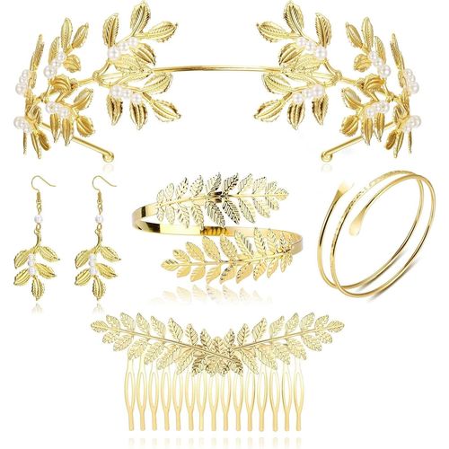 4/5pcs Pcs Déesse Grecque Costume Pour Femme Or Parure Bijoux Femme Mariage Feuilles Laurier Doré Couronne Bracelet Cheveux Boucles D'oreilles Costume Accessoires Pour Halloween Fête Mariage.[Y806]