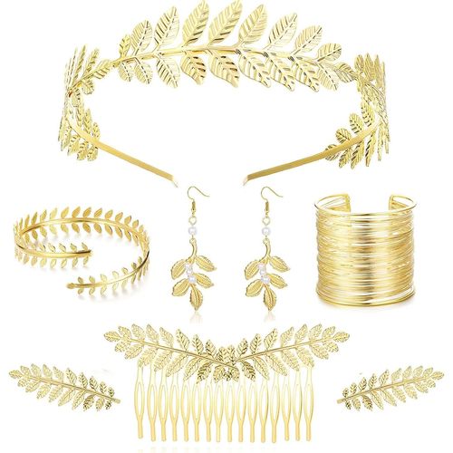 Grecque Déesse Parure Bijoux Femme Or,Lot De 8 Accessoires Déguisement De Déesse Grecque Serre-Tête En Forme De Feuille Boucles D'oreilles Pendantes Peigne À Cheveux De Mariée Toga Bijoux.[Y795]
