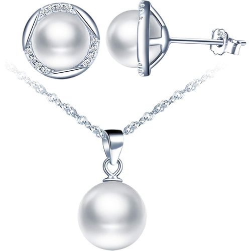 Infinite U Ensemble De Bijoux De Perle,Collier Et Boucles D'oreilles En Argent 925 Pour Femme Fille,Collier Pendentif Perle,Boucles D'oreilles Perle,Orné Zircon Brillant,Blanche,Verte,Or.[Y810]