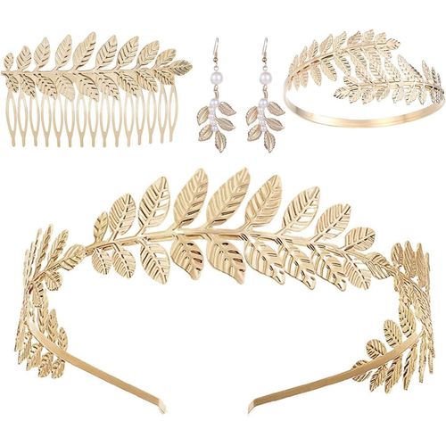 5 Pièces Parure Bijoux Femme,Déesse Grecque Costume,Bijoux Fantaisie Femme,Deguisement Romaine Femme,Couronne Laurier,Boucles D'oreilles Perle,Peigne À Cheveux Latéral,Bracelet Bras.[Y1231]
