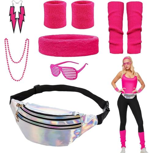 Déguisement Annees 80 Accessoire Femme Fluo Avec Bandeau Jambières Sac Banane Boucle D'oreille Colliers Et Lunettes Pour Annees 80 90 Costume Vetement Fête Rétro Néon Femme (Rosa)