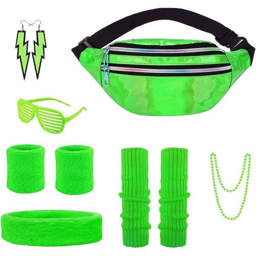 Déguisement Annees 80 Accessoire Femme Fluo Avec Bandeau Jambières Sac Banane Boucle D'oreille Colliers Et Lunettes Pour Annees 80 90 Costume Vetement Fête Rétro Néon Femme (Vert)