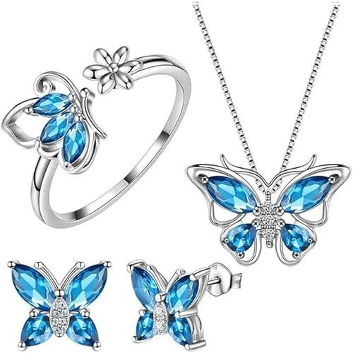 Bijoux Femme 4 Pièces Pendentif Papillon Boucles D'oreilles Anneaux Parure Cadeaux Pour Femmes Epouse Amant Petite Amie Maman.[Y433]
