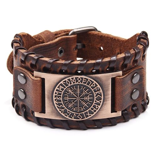 Bracelet En Cuir Avec Amulette Runique Des Vikings Nordiques (Bronze Rouge Ancien) Le V¿¿G¿¿Tarisme Islandais Symbolise La Chance Et La B¿¿N¿¿Diction