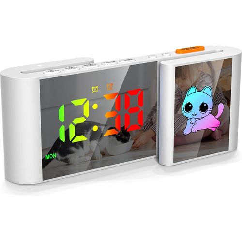 BAERTMY-Réveil Numérique, Horloge Digitale Avec Chat Mignon, Horloge Led De Type S, 11 Couleurs Cartoon, Variateur, Volume, Snooze, Veilleuse Pour Table De Nuit, Chambre, Room Décor(Blanc)