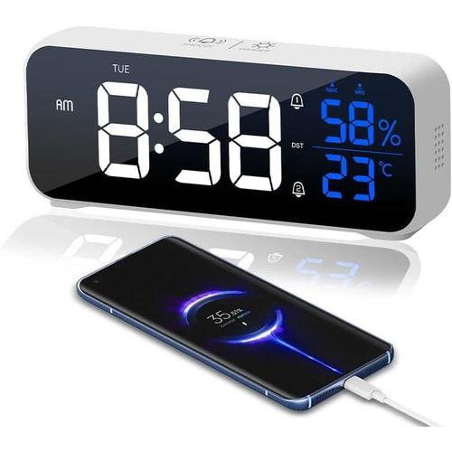BAERTMY-Réveil Numérique, Horloge Numérique Led Horloge Digitale Réveil Design Miroir, Reveil Matin 5 Modes D'Alarme Réglables Et 5 Niveaux De Luminosité Réglable, 12/24 Heures, Blanc