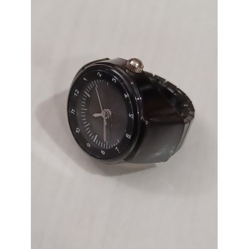 Bague Montre Metal Noir , Cadrant Rond,Fond Noir