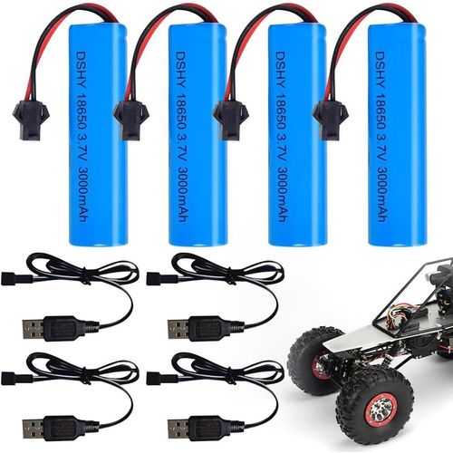 Kyaoayo-3.7v 3000mah Li-Ion Battery, 4 Pièces Akku 18650 Rechargeables Avec 4 Pr S Sm-2p Et Un Chargeur Usb, Li Ion Power Ersatz Akku Für Rc Fahrzeuge, Boote, Panzer, Autos, Schiffe,Roboter