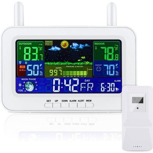 KYAOAYO-Station Météo Numérique Sans Fil Avec Capteur Extérieur, Thermomètre Intérieur Et Extérieur Avec Temps, Température, Humidité, Baromètre, Réveil (Blanc)