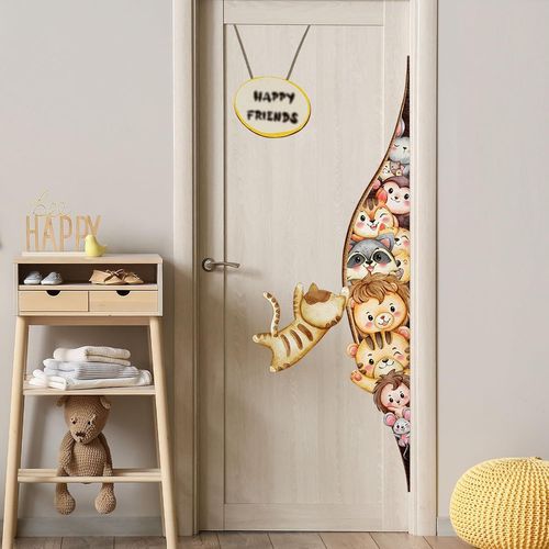 KYAOAYO-Stickers Muraux Dessin Animé Jungle Animal Autocollants Muraux Lapin Singe Lion Tigre Chat Souris Sticker Mural Amovible Stickers Pour Enfant Chambre Le Salon Pépinière Porte Décoration Mural
