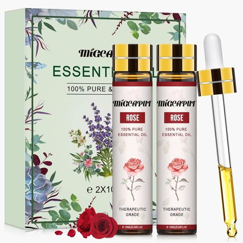 KYAOAYO-Huile Essentielle De Rose 2X10Ml, 100% Pure Et Naturelle, Huile De Rose De Qualité Pour Diffuseur, Humidificateur, Mas , Bain, Soins De La Peau, Hydratation