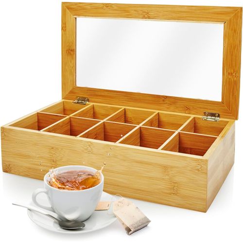 KYAOAYO-Cuisine Boîte À Thé En Bambou Avec 10 Compartiments Env. 36,7 X 20 X 9 Cm | Matériau Durable | Boîte De Rangement Pratique Pour Les Sachets De Thé | Décoratif & Noble