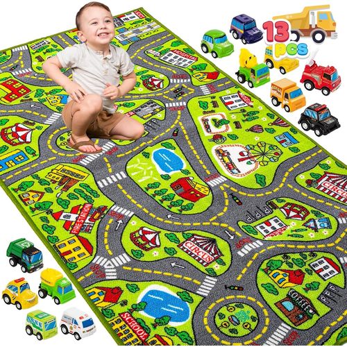 KYAOAYO-Tapis De Chambre D'Enfant, 80 X 150 Cm, Avec 12 Mini Jouets De Voiture, Pour Enfants À Partir, Tapis De Jeu, Rue, Tapis De Voiture, Pour Garçon Et Fille, Pour Chambre À Coucher Et Salle