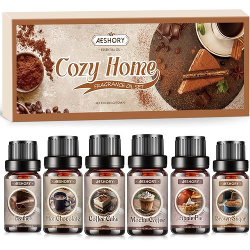 Kyaoayo-Cozy Home Huiles Essentielles Set De 6x10ml, Huiles Parfumées Maison Confortable Pour Diffuseur, Relax, Diy - Sucre Roux, Tarte Aux Pommes, Gâteau Au Café, Café Moka, Cuir, Chocolat Chaud