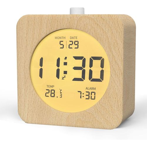 Kyaoayo-Réveil Numérique En Bois, Réveil Matin Lcd Horloge Numérique Avec Affichage Date, Température, Fonction Snooze, Rétro-Éclairé, Alimenté Par Pile, Bois Clair