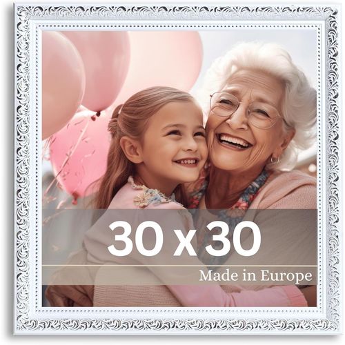 KYAOAYO-Cadre Photo Rubens En 30X30 Cm Blanc Argent - Bar 30X20Mm - Verre Véritable - Châssis Pour L'Image Baroque - Antique - Vintage 30X30 - Carré