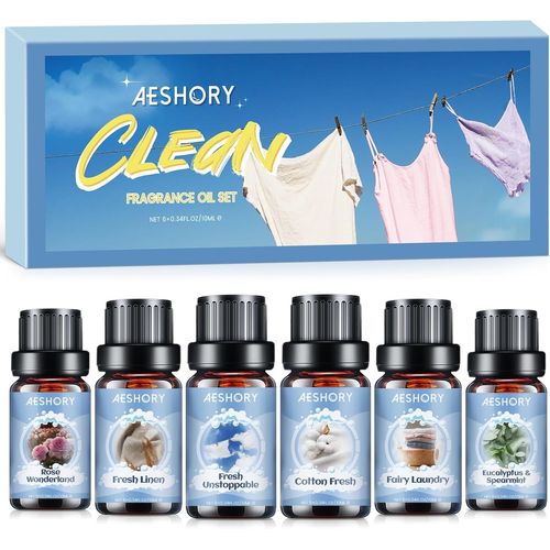 KYAOAYO-Clean Huiles Essentielles Set De 6X10Ml, Huiles Parfumées Propre Parfum Frais Pour Diffuseur, Fraîcheur Imparable, Linge Frais, Coton Frais, Lessive Féerique, Pays Des Merveilles Des Roses