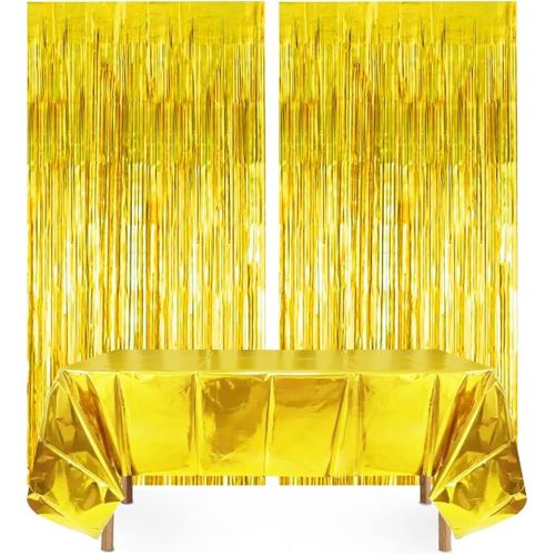 Kyaoayo-Rideau Metallique Or 2 Pièces Et Nappe Gold 1 Pièce 1m*2.7m, Brillant Rideaux À Franges Pour Or Décoration De Fête D'anniversaire, Aluminium Fenêtre Mariage