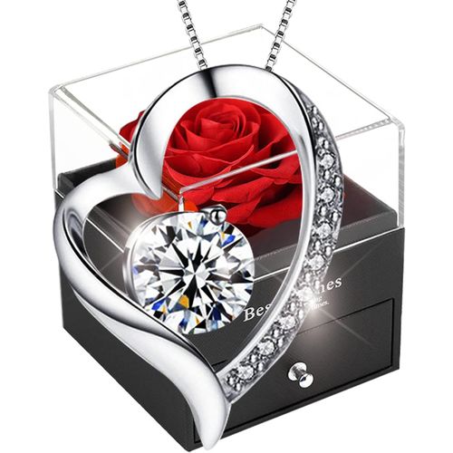 Kyaoayo-Rose Eternelle Avec Bijoux Argent 925,Collier Femme Boîte De Roses,Pendentif Coeur Avec Rose Conservée,Rose Stabilisée Rouge,Cadeau Pour Elle La Noël,La Saint-Valentin,Fête Des Mères,Annivers