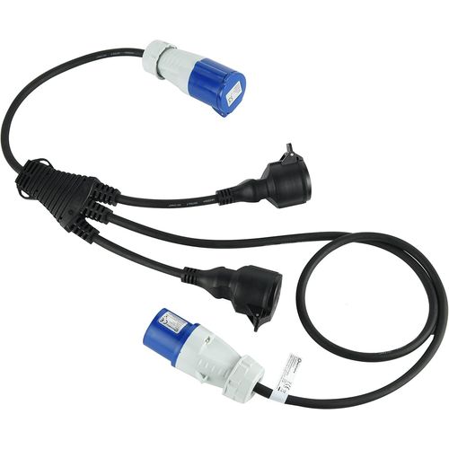 KYAOAYO-46152 Câble D'Alimentation Pour Caravane, Splitter À 3 Voies Avec 2 Pr s Schuko + 1 Pr Cee, Fiche Cee Pour U Extérieur Ip44, Câble En Caoutchouc H07Rn-F 3G1.5 Mm, Longueur 1.5 M