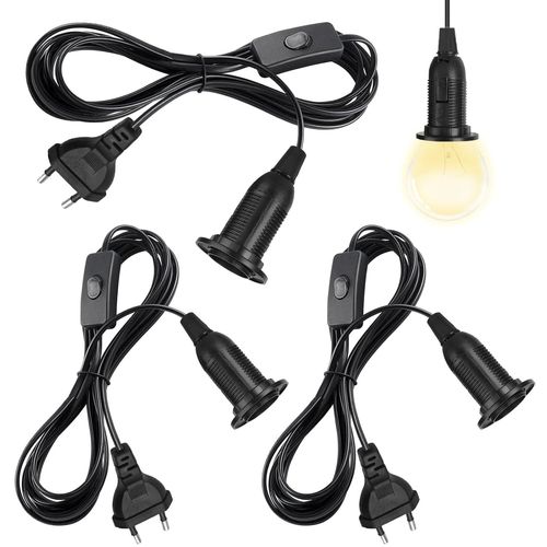 KYAOAYO-3 X Douilles E14 Avec Câble, Interrupteur Et Fiche, Câble D'Alimentation De 1,8 M Et Fche Ue, Adaptateur De Douille E14, Pour Suspension De Lampe, Suspension, Lampes Diy, Cuisine, Salon (Noir