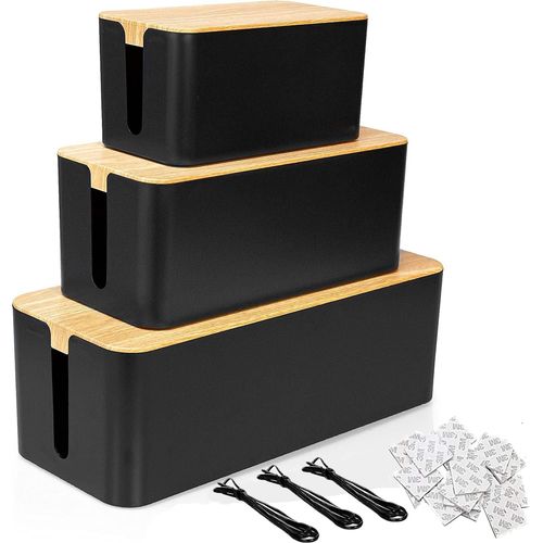 KYAOAYO-Lot 3 Boîte Cache Câble Noir, Grand Boîte De Rangement Câbles Electriques Avec Bois Couvercle, Boite Cache Pr Multipr Pour Protection De Câble Et Pr Electriques