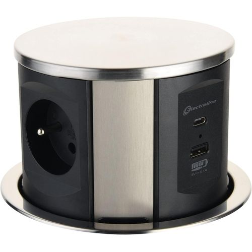 KYAOAYO-35446 Bloc Multipr Escamotable Plan De Travail Avec 3 16A Norme França + 2 3.1A A + 1 Usb Type C 15.5W, Pr Encastrable Pour Cuisine, Diamètre 120Mm, 2M, Noir, Vertical