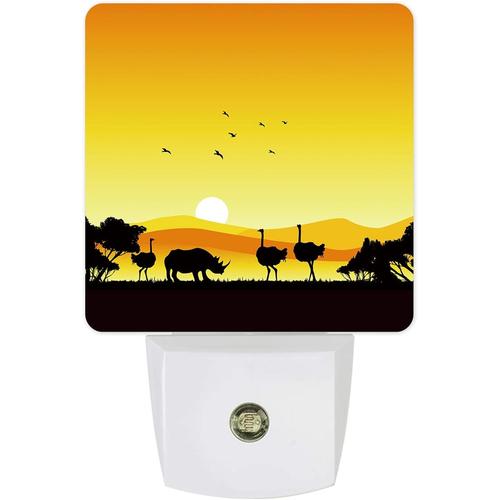 Veilleuse Led A Brancher Avec Capteur De Mouvement Du Crepuscule A L'aube, Paysage De Coucher De Soleil Africain, Faune, Animal, Autruche, Lampe De Nuit Pour Chambre A Coucher, Cuisine...