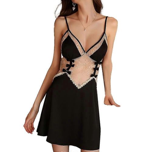 Chemise De Nuit En Dentelle Pour Femme, Col En V, Sweetperspective - Noir
