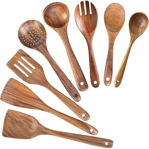 Cuillères En Bois Pour La Cuisine, Ensemble D'ustensiles De Cuisine Non-Ti, Cuillères En Bois Ensemble D'ustensiles De Cuisine Anti-Rayures Ustensiles En Bois De Teck Naturel Pour La Cuisine (Teck 8 P, 6