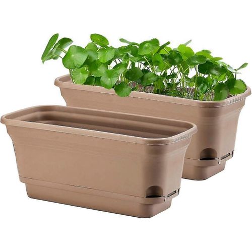 Lot de 2 pots de fleurs rectangulaires en plastique auto-arrosants de 40 cm, décoratifs et modernes, pour plantes, fleurs et herbes aromatiques ¿ Marron
