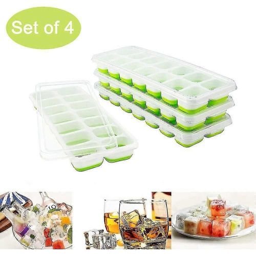 Lot De 4 Bacs À Glaçons, Faciles À Démouler Et Flexibles, Avec Couvercle Amovible Anti-Éclaboussures, Empilables, Durables Et Lavables Au Lave-Vaisselle.